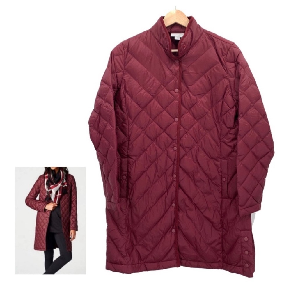 J. Jill Down Filled Burgundy Long Line Down Filled Quilted Jacket Size XS